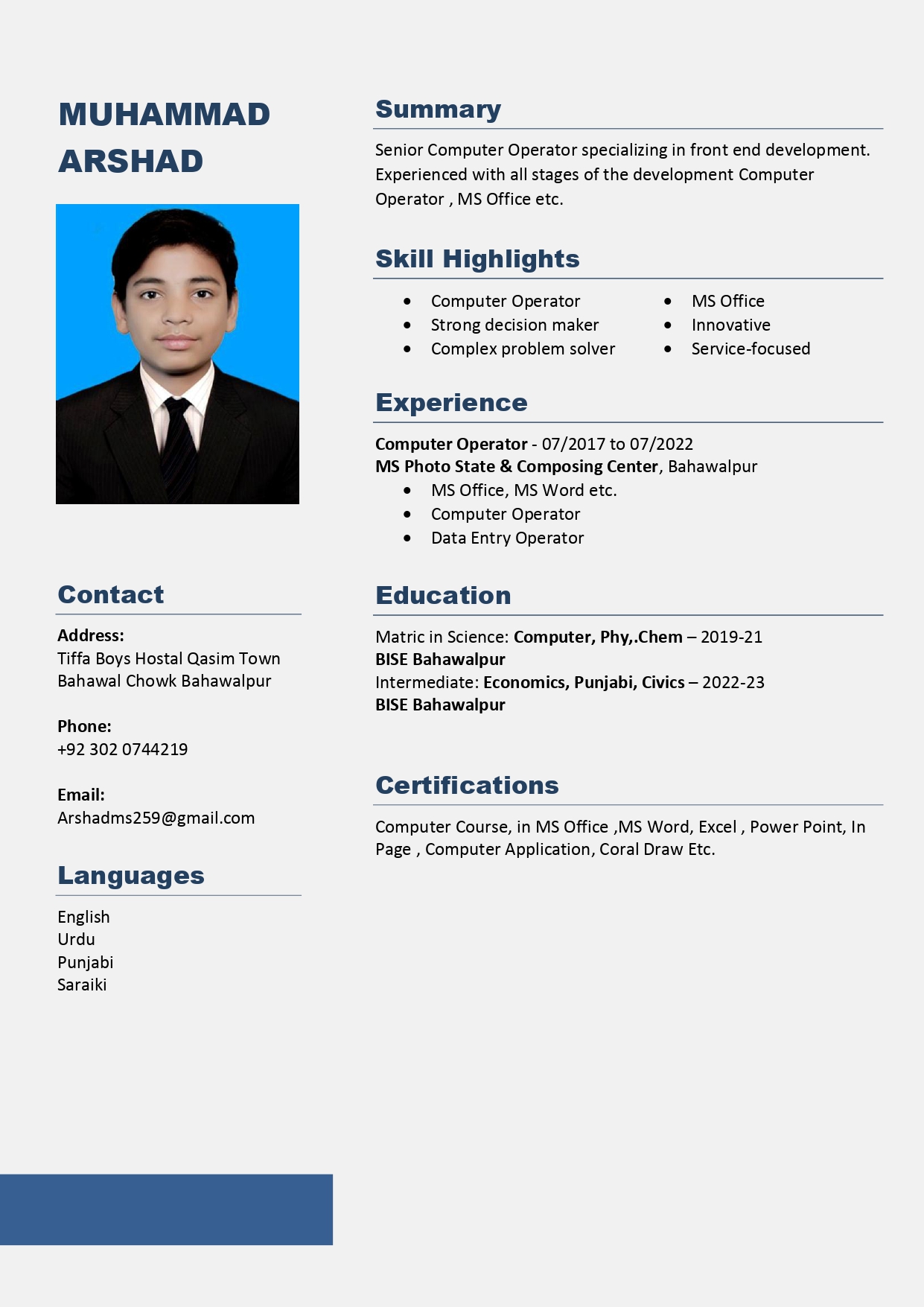 Muhammad Arshad Urdu Typing, English Typing, MS Office, Data Entry, Computer Science
