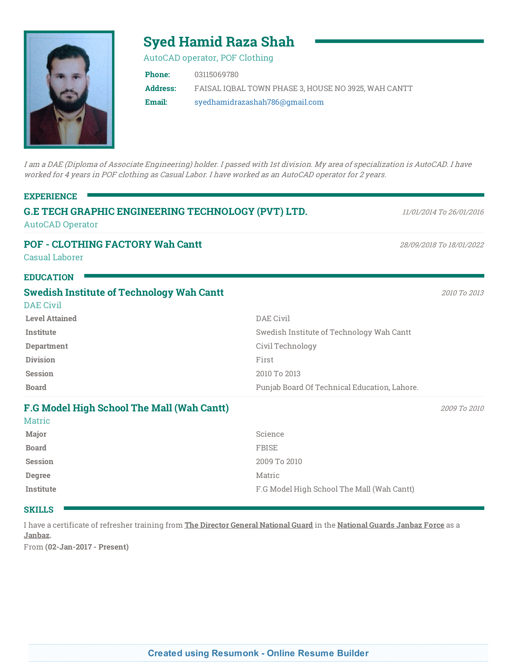 Syed Hamid Raza Shah MS Office, AutoCAD Architecture, Data Entry, AutoCAD