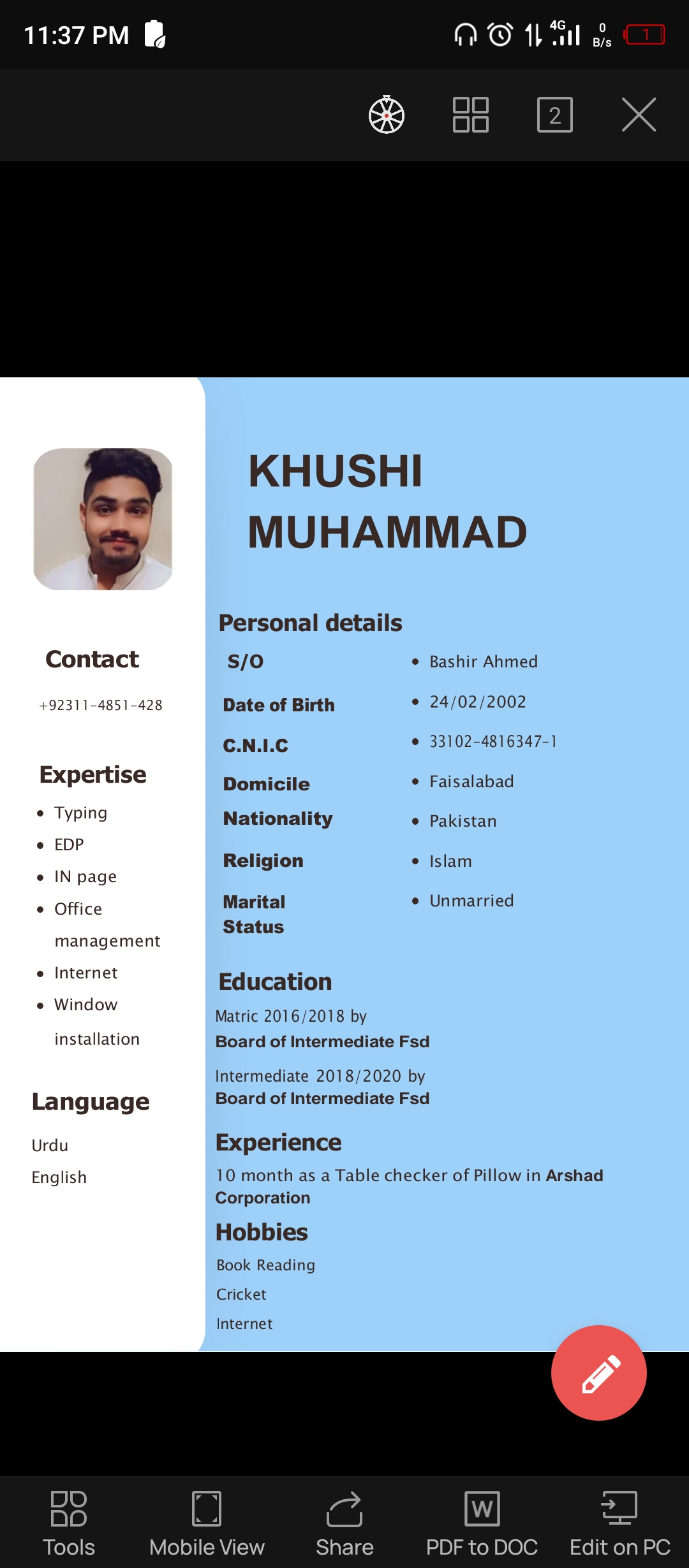 Khushi Muhammad English Typing, MS Office, Urdu Typing, Photo Editing, Templates, Canva, CV Design