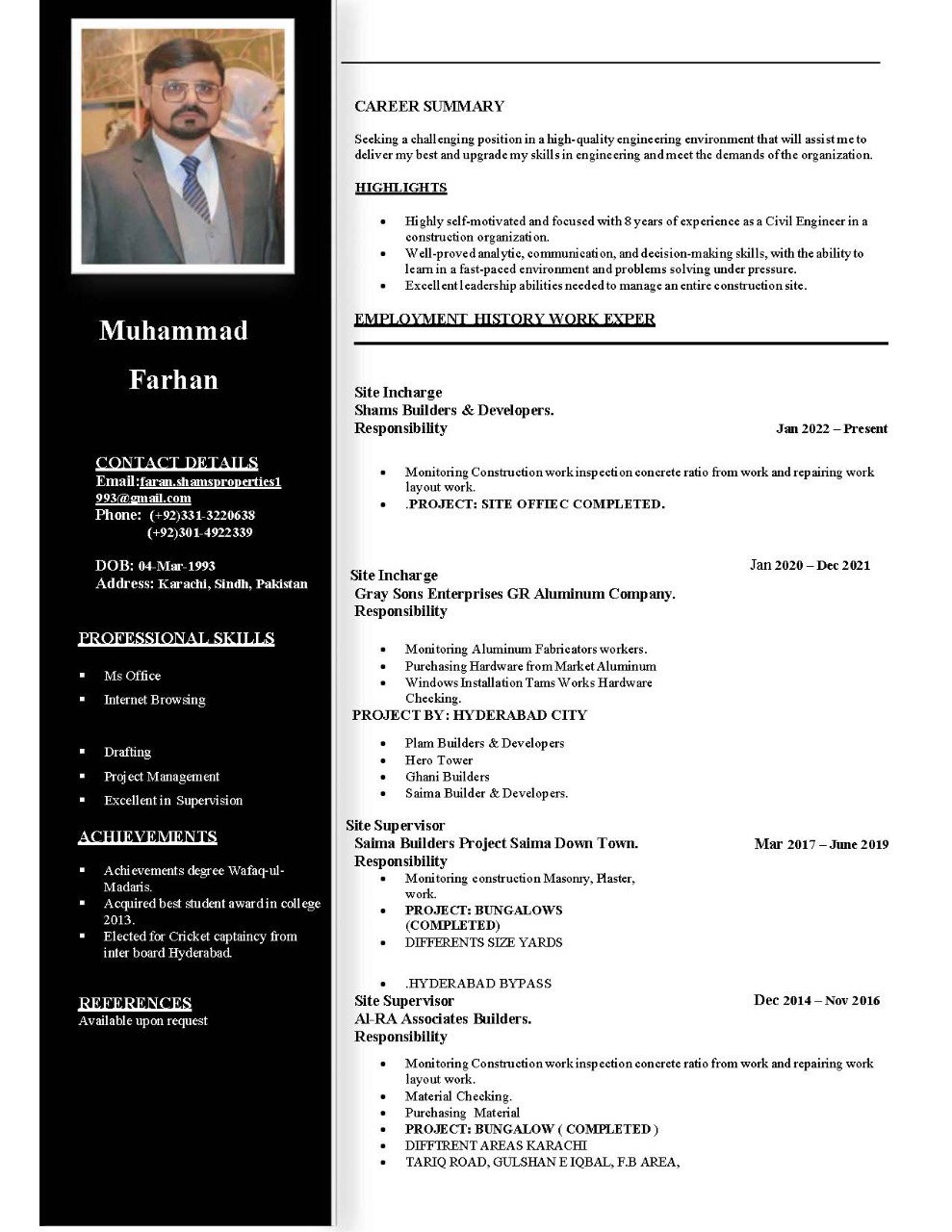 Muhammad Farhab Driving, MS Office, Interior Design, Architectural Rendering, 2D Drafting