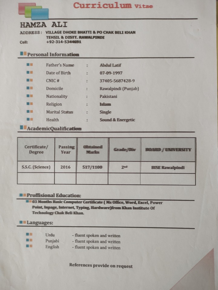 Hamza Mughal Urdu Typing, Cooking, MS Office, Photo Editing, Vehicle Signage, Video Editing, YouTube Video Editing