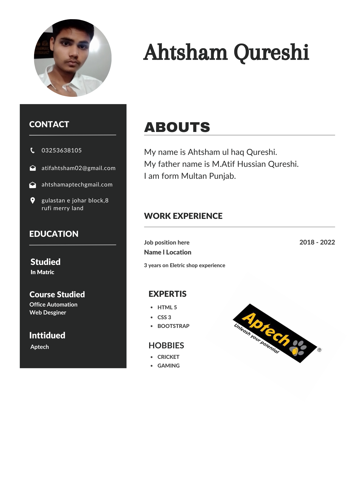 Ahtsham Qureshi MS Office, Web Designing