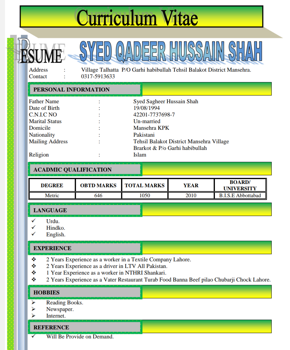 Syed Qadeer Hussain Shah Urdu Typing, Driving, MS Office