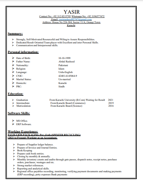 Yasir Rasheed Urdu Typing, English Typing, MS Office, Word, Sketch, ERP, Finance, Payroll, Account Management, Financial Accounting