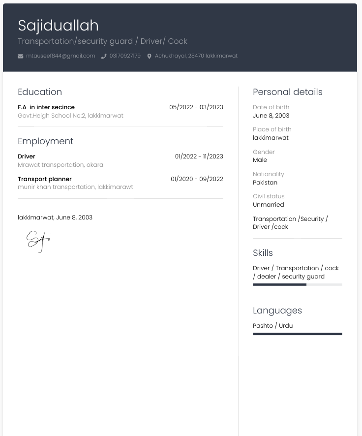Sajid Ullah Transcription, Driving, Security, Cooking