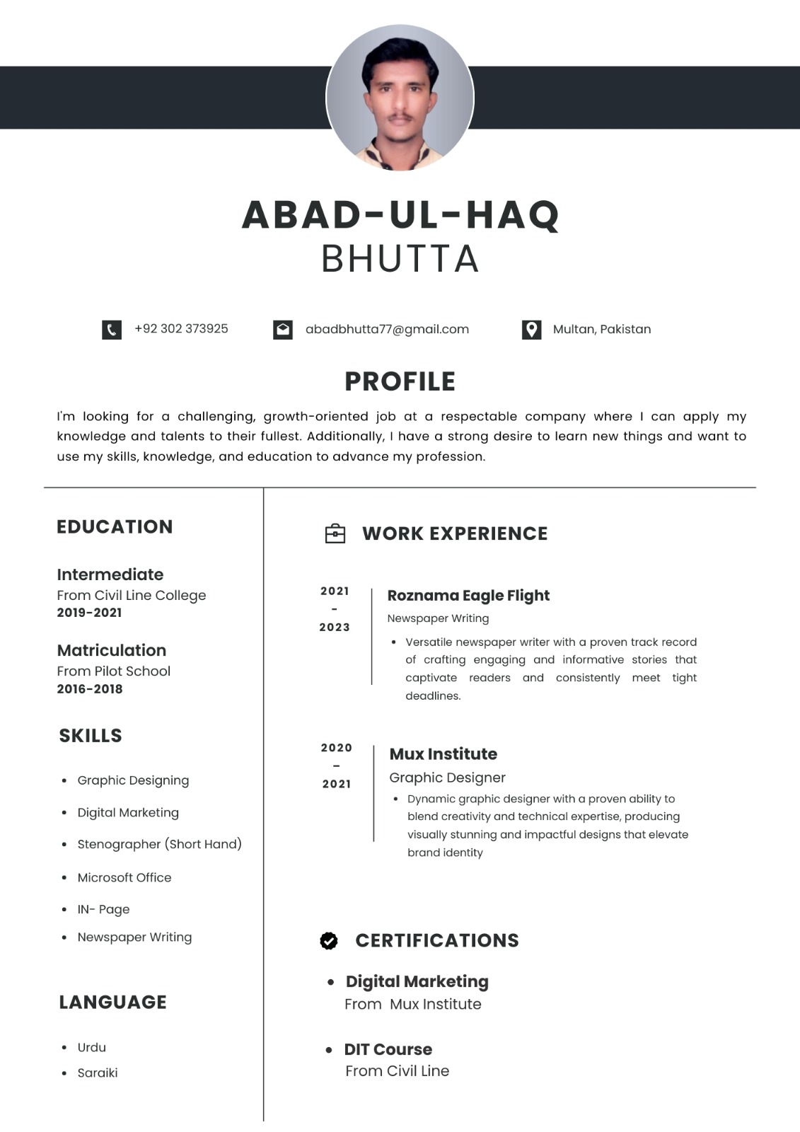 Abad Ul Haq Bhutta Shorthand, Urdu Typing, English Typing, Driving, MS Office, 3D Design, Graphic Design, Illustrator, Logo Design, Word