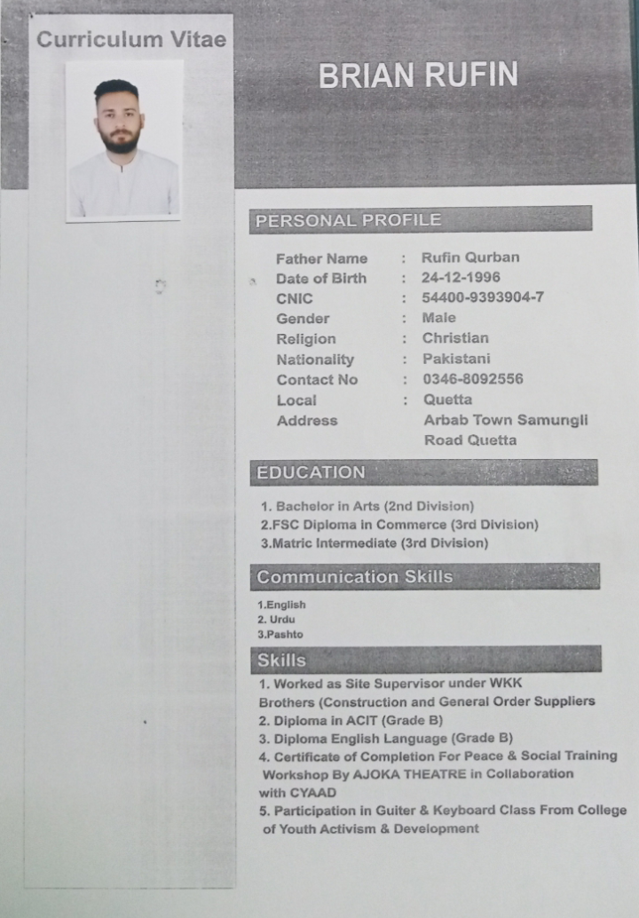 Brian Rufin English Typing, Cooking, Driving, MS Office, Building Architecture