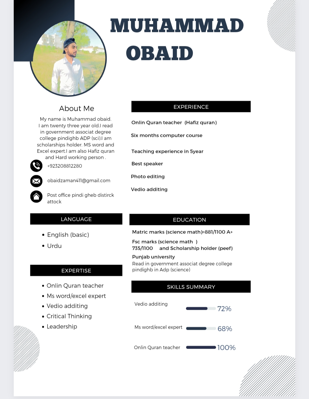 Muhammad Obaid Urdu Typing, English Typing, MS Office, Photo Editing, Video Editing