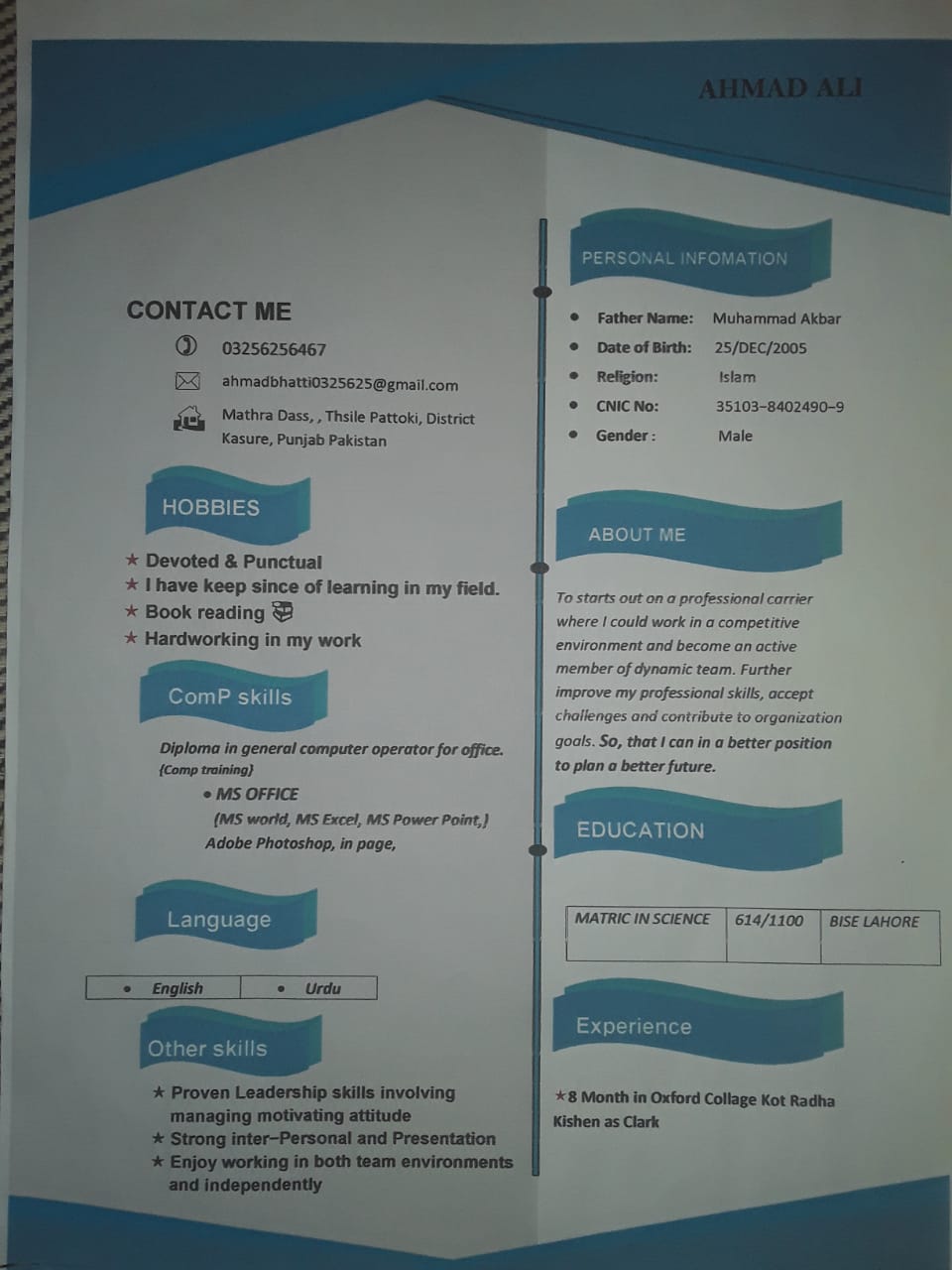 Ahmad Ali Urdu Typing, English Typing, MS Office, Photo Editing, CV Design, Data Analysis, Data Entry, Excel, Microsoft Office, Microsoft Word