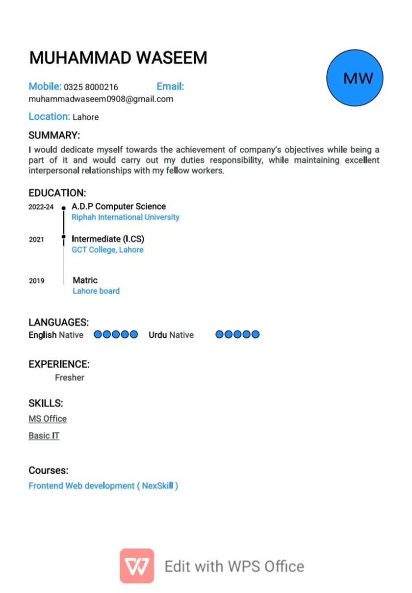 Muhammad Waseem Urdu Typing, English Typing, MS Office