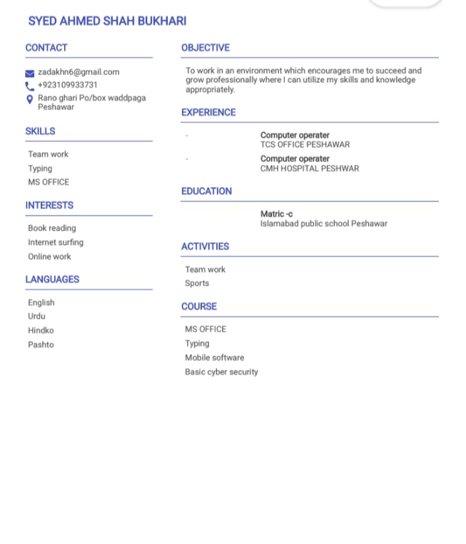 Syed Ahmed Shah Bukhari MS Office, Computer Science