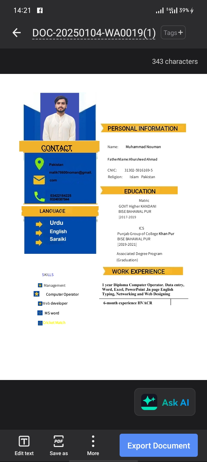 Muhammad Nouman English Typing, MS Office, Urdu Typing, Icon Design, Cooking, Logo Design, Word, Affinity Photo, Canva, CV Design