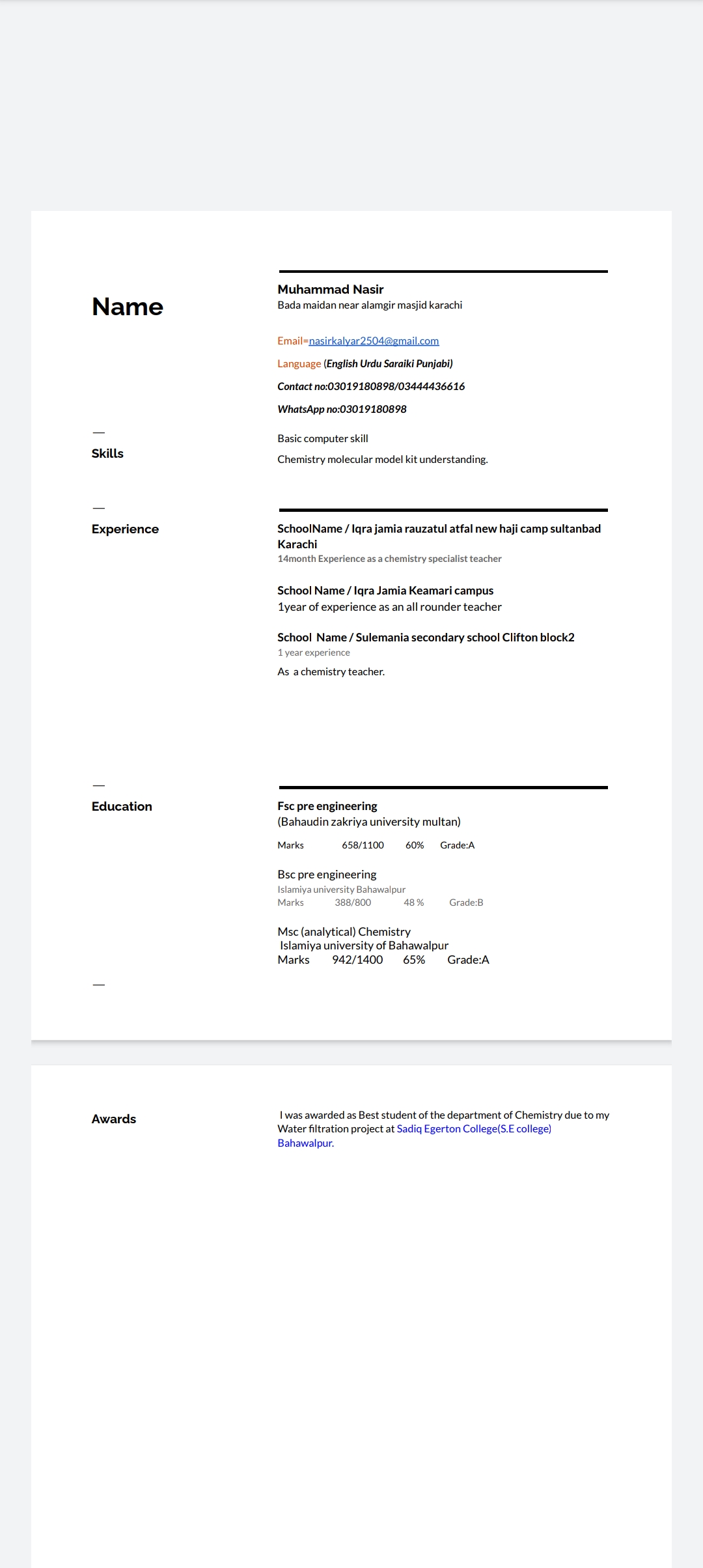 Muhammad Nasir Kalyar Teaching