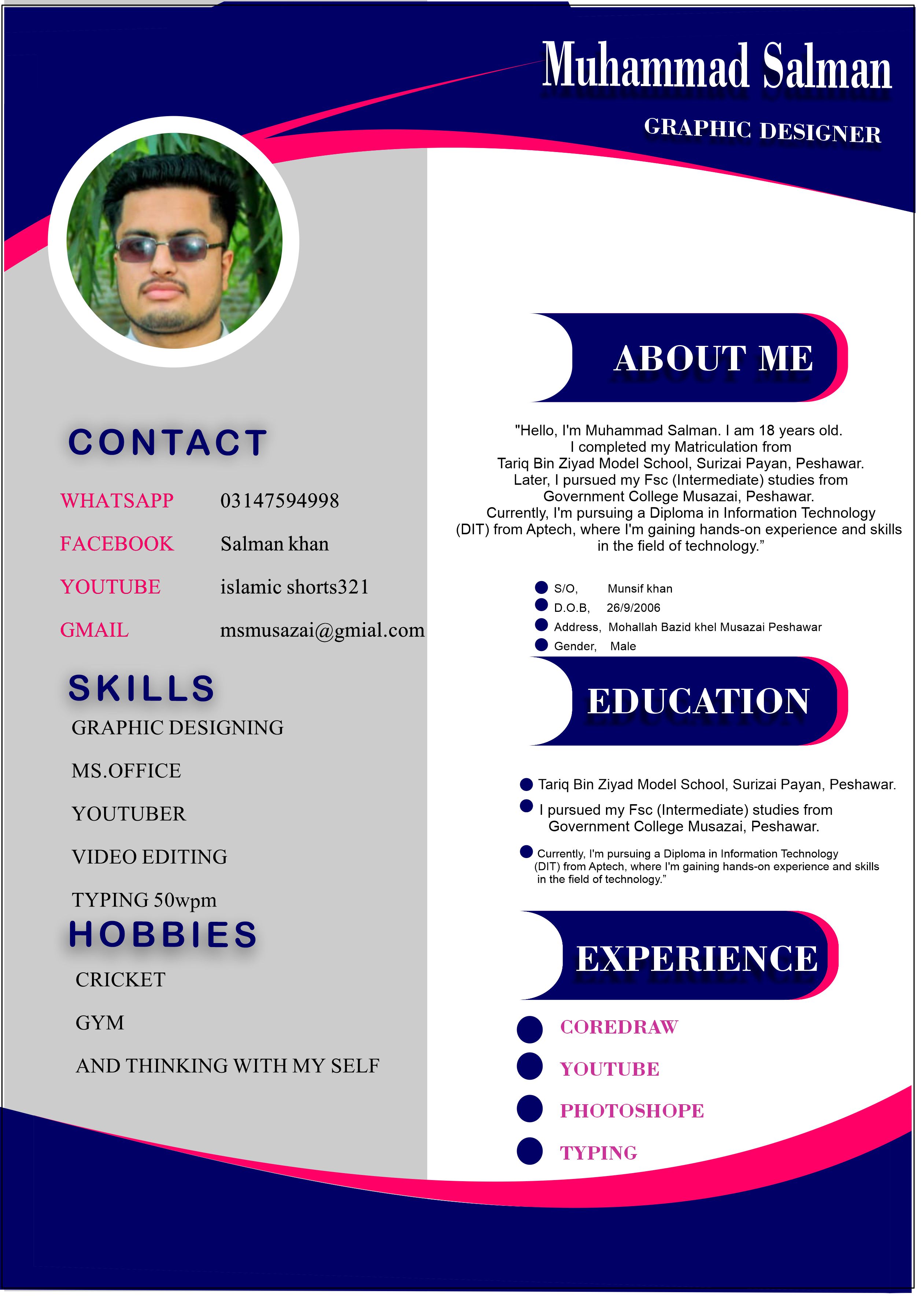 Muhammad Salman Urdu Typing, MS Office, English Typing, Driving, Graphic Design, Video Editing, 3D Design, Flex, Business Card Design, Audio Production