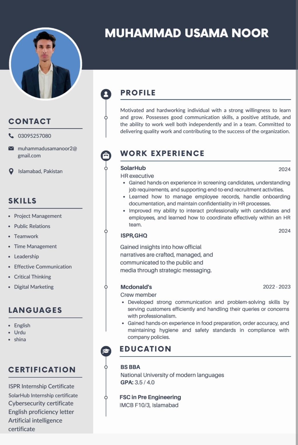 Muhammad Usama Noor English Typing, MS Office, Photography, Presentations, Word, Compensation And Benefits, Employee Training