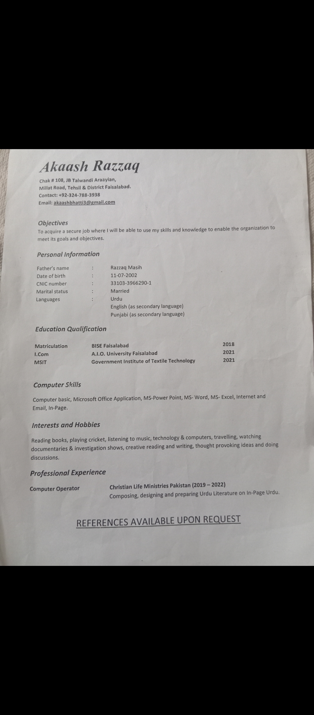 Akaash Razzaq Urdu Typing, English Typing, MS Office, Animation, Banner Design, Flex, Photo Editing, Video Editing, YouTube Video Editing, Sports