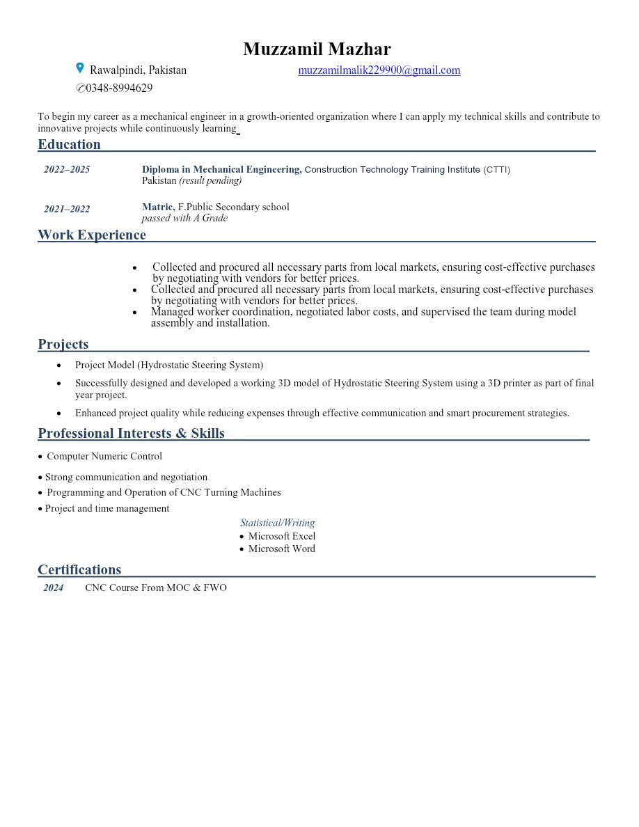 Muzzamil Mazhar English Typing, MS Office, Word, Project Management, Project Scheduling, CNC Programming
