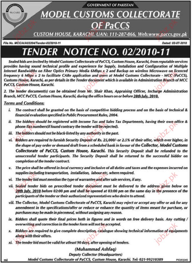 Model Customs Collectorate Of Pacc Karachi Tender Notice 2023