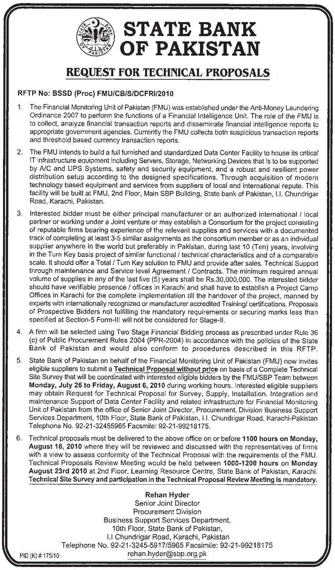 State Bank of Pakistan Karachi Tender Notice 2023