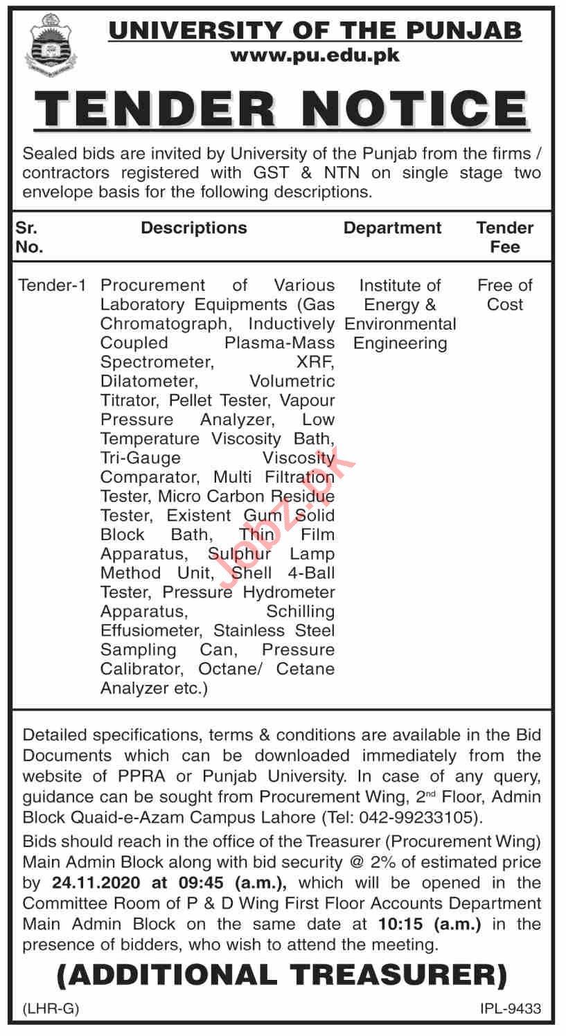 University of the Punjab PU Tender for Laboratory Equipment 2023