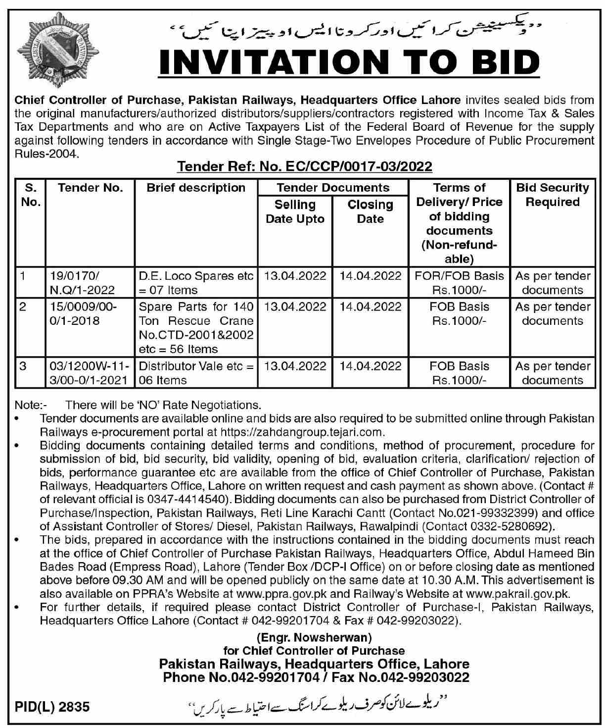Pakistan Railways Headquarters Lahore Tender for Loco Spares & Spare