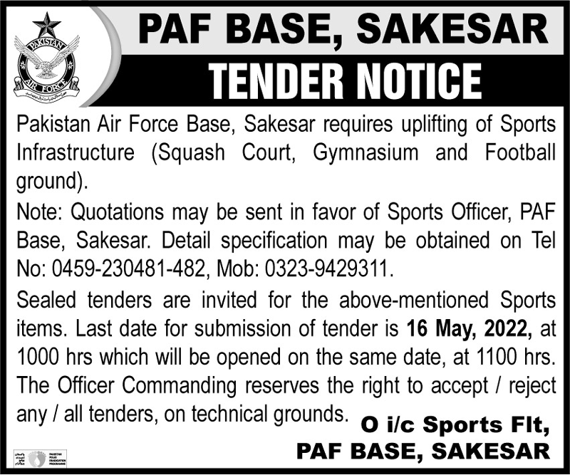 PAF Base Sakesar Tender Notice 2022 for Sports Infrastructure 2024