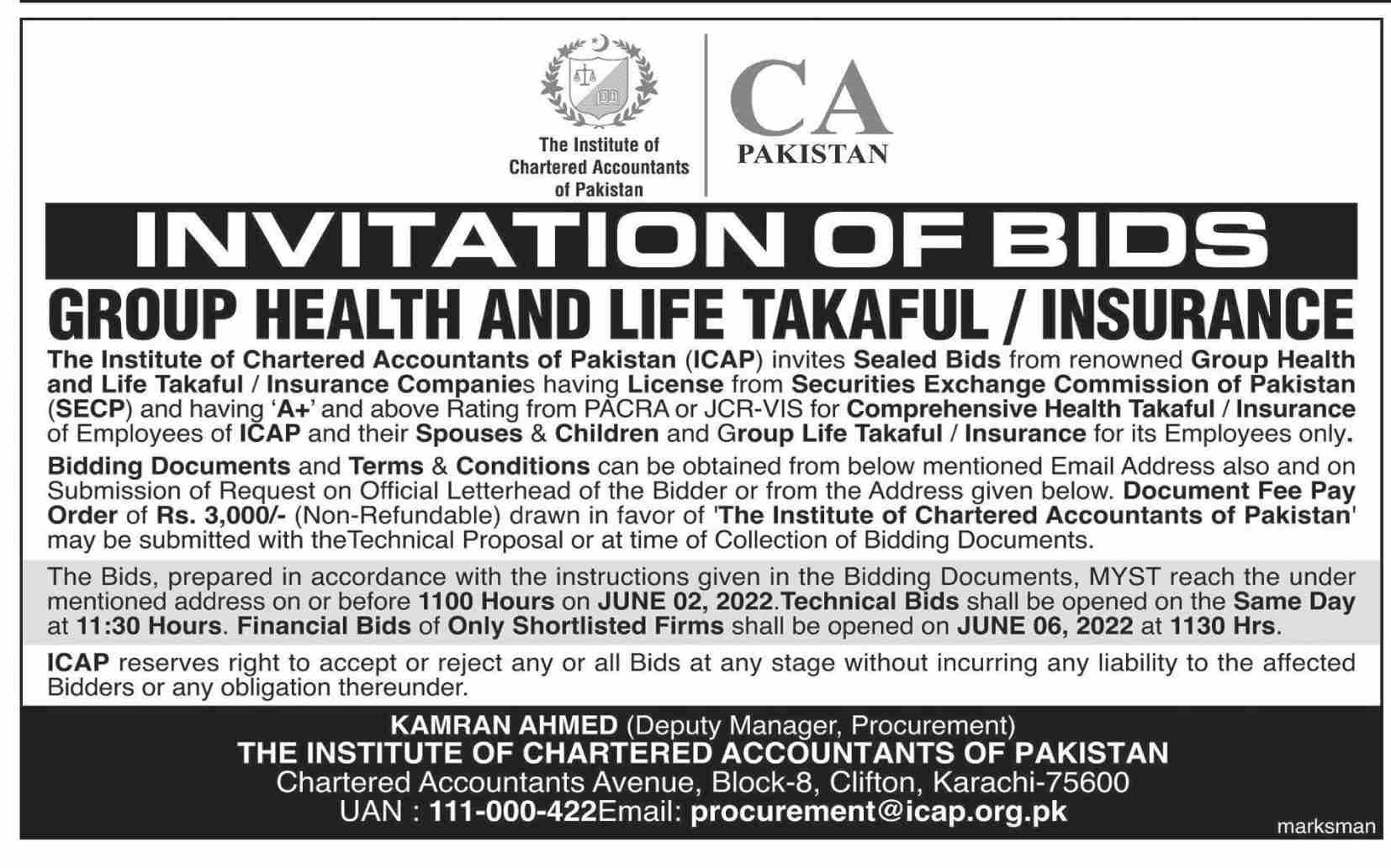 The Institute of Chartered Accountant s of Pakistan ICAP Tender Notice