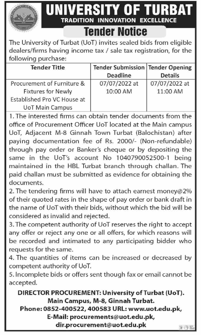 University of Turbat Tender Notice 2022 for Procurement of Furniture