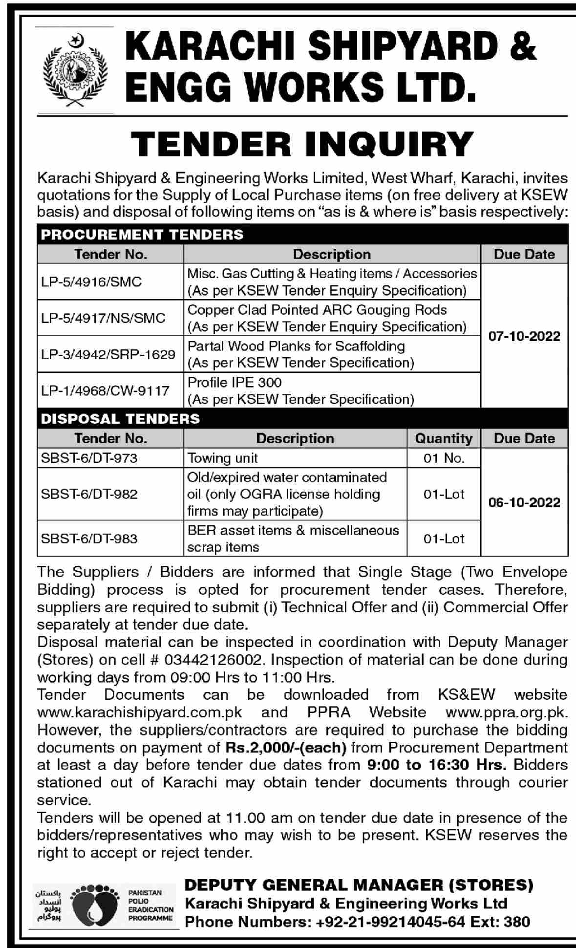 Karachi Shipyard Tender Notice for Misc Gas Cutting 2022 2023