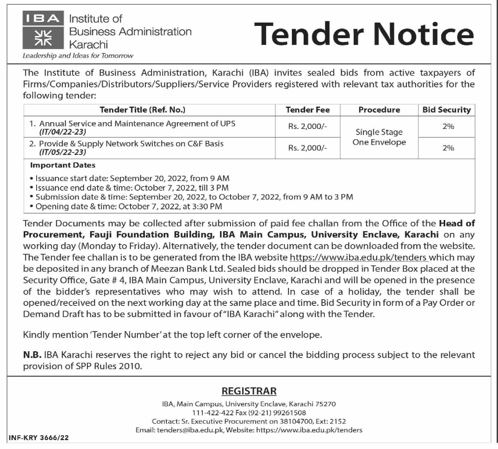 IBA Karachi Tender Notice for Supply of Network Switches on C&F 2022 2023
