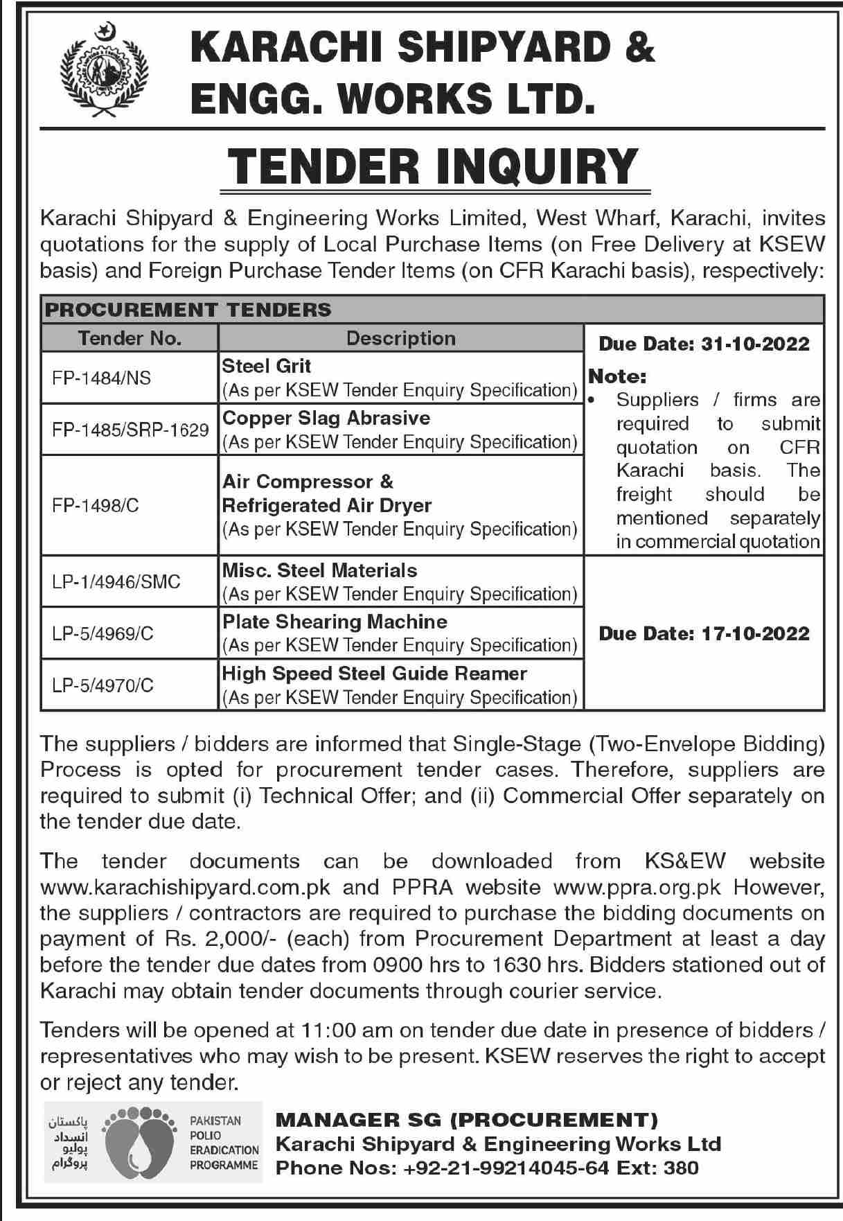 Shipyard & Engg Works Karachi Tender Notice Supply of Local Purchase 2022 2023