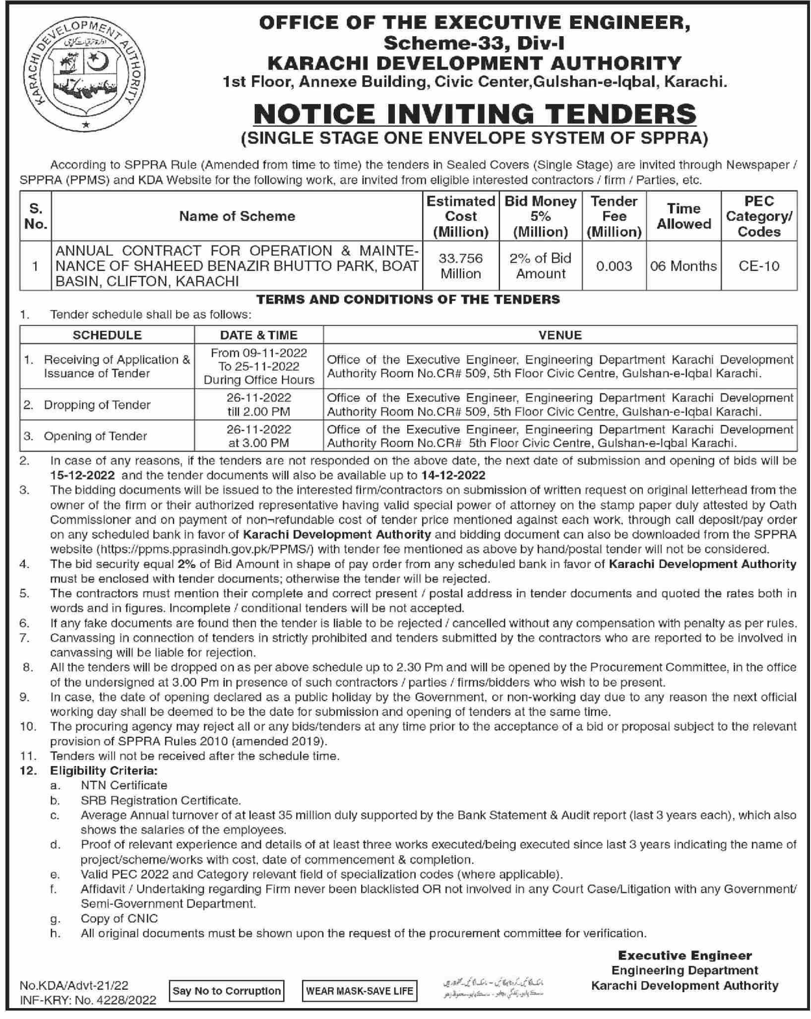 Operation and Maintenance Works Tender at Karachi Development Authority KDA 2022