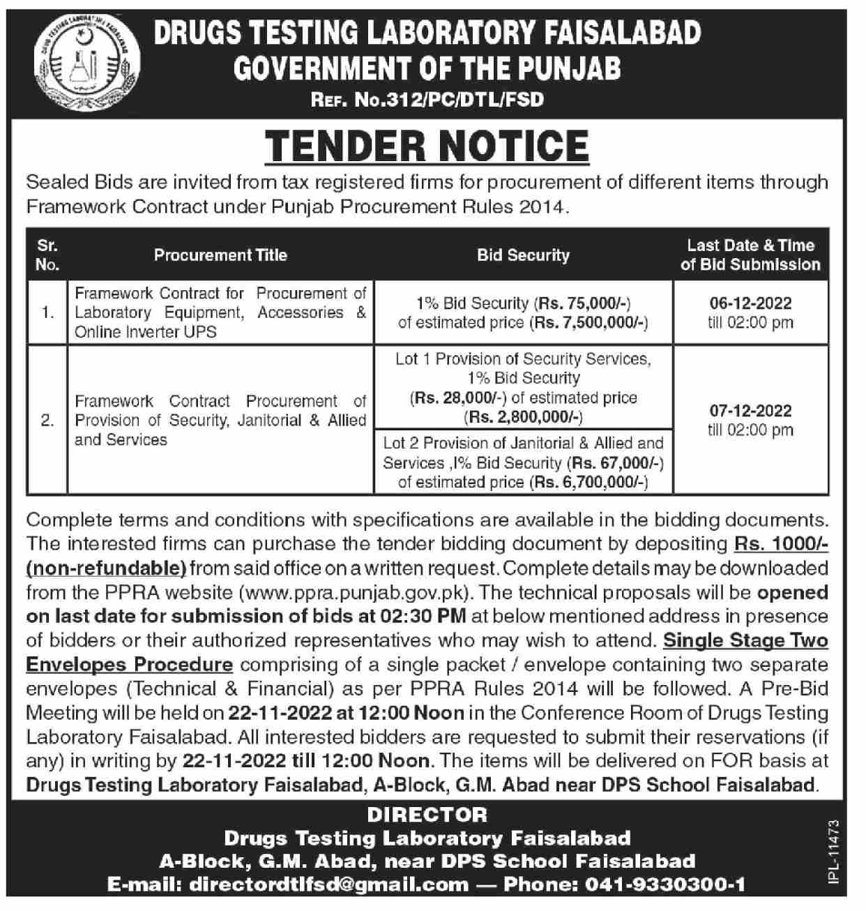 Procurement of Services Tender at Drugs Testing Laboratory Faisalabad 2024