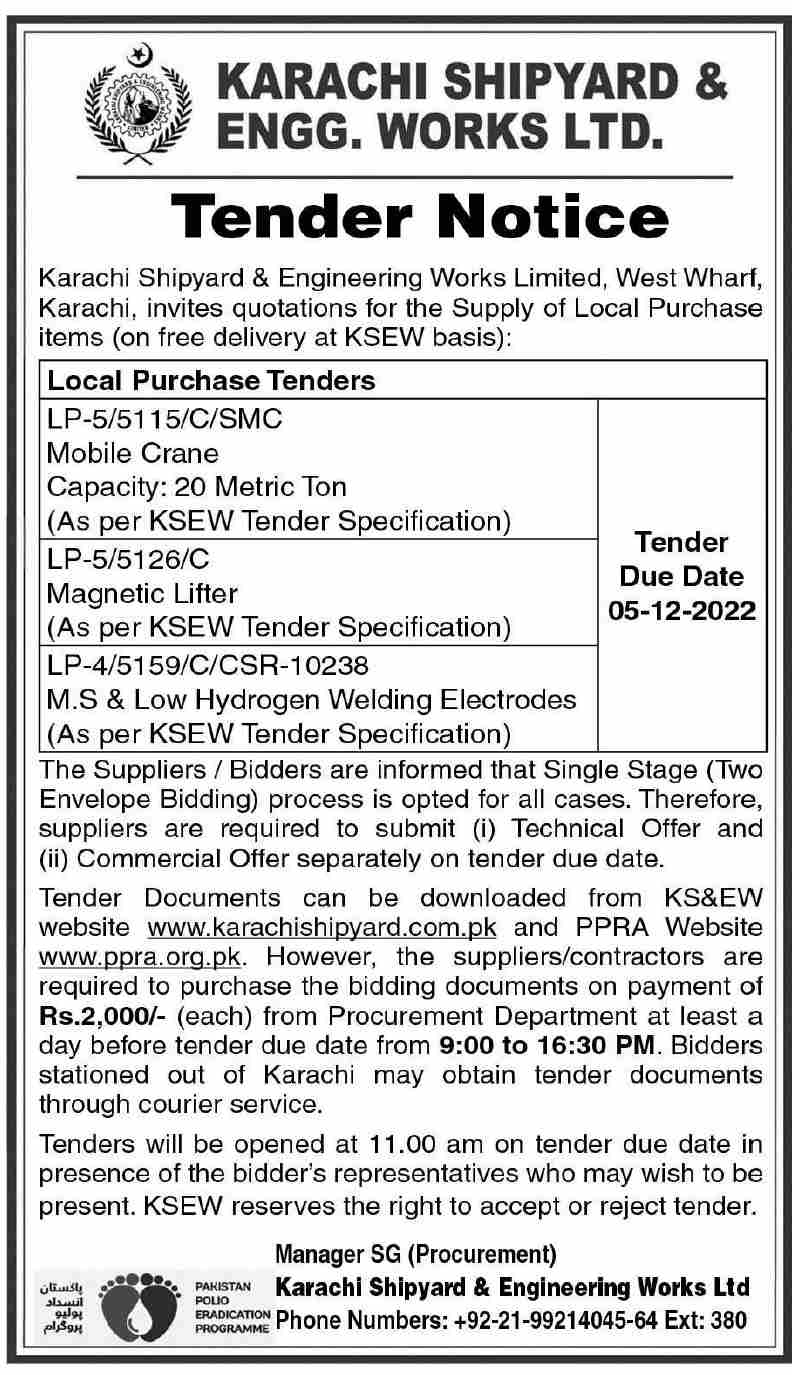 Karachi Shipyard & Engineering Works Tender Notice for Supply of Local Purchase 2024