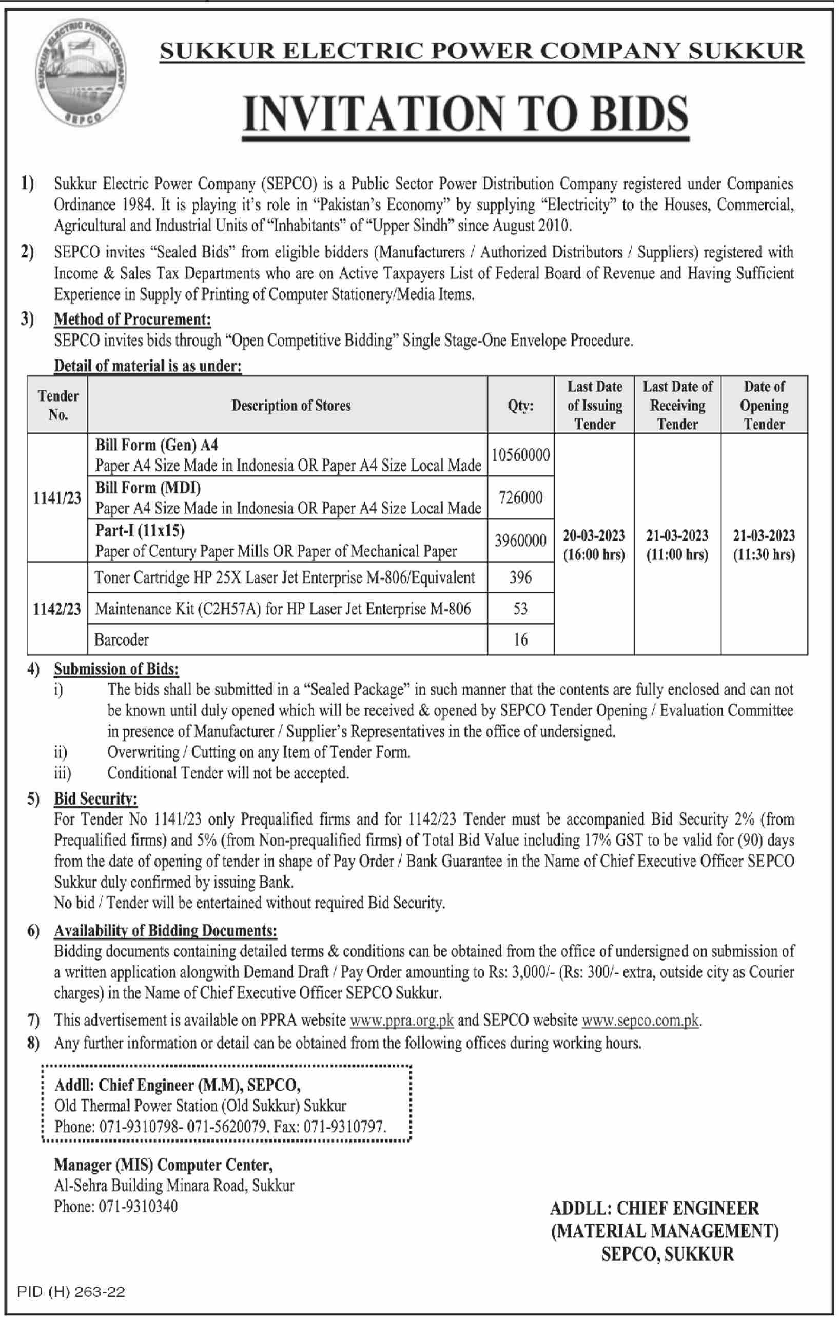Tender for Printing and Media Items at Sukkur Electrical Power Company