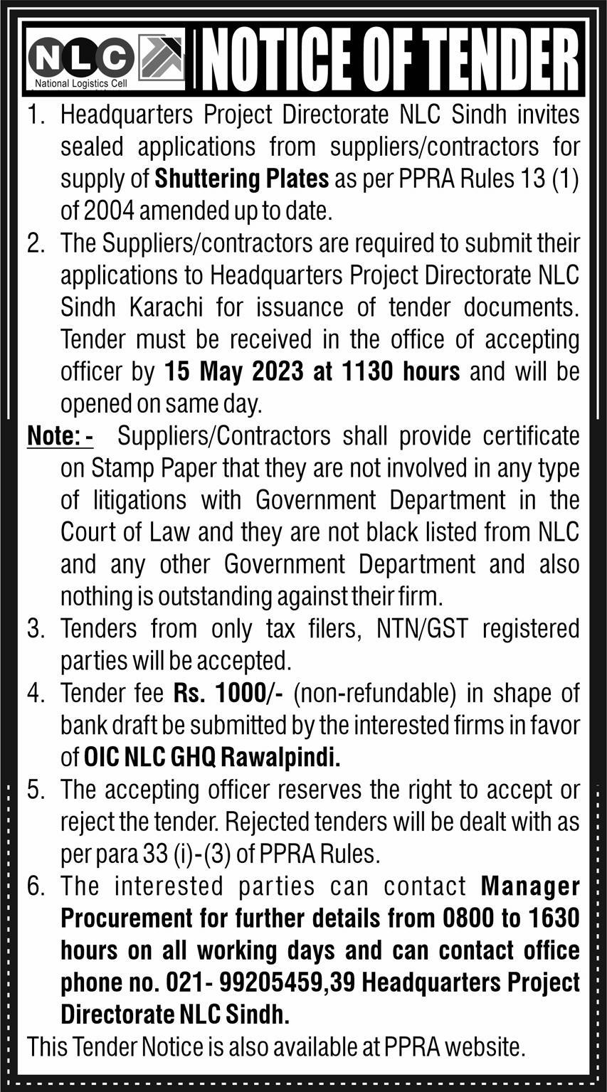 National Logistics Cell NLC Tender Notice for Supply of Shuttering