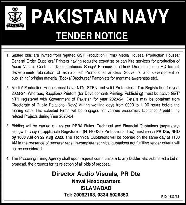 procrurement of services tender at Pakistan navy
