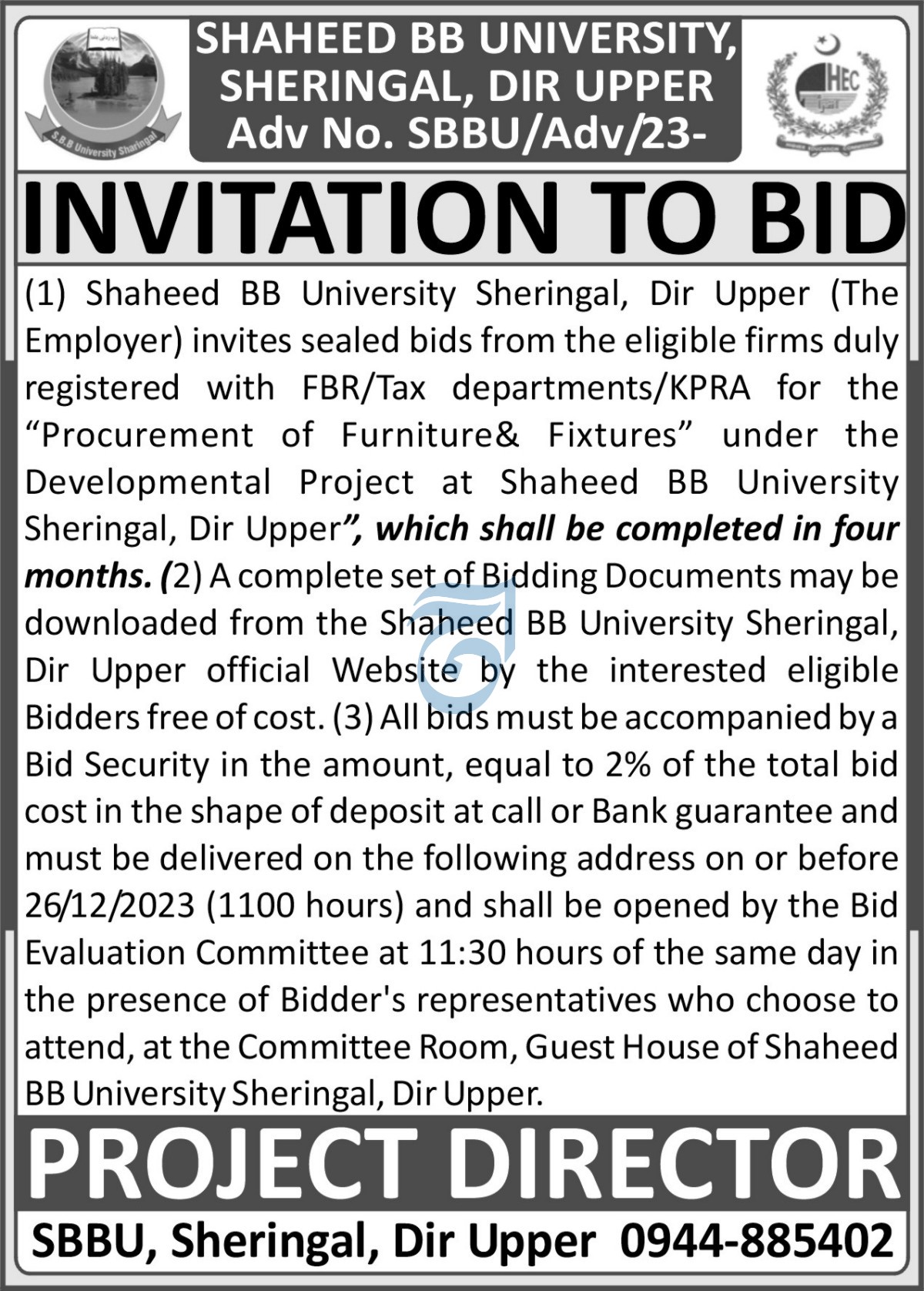 Shaheed BB University Tender Notice for Procurement of Furniture