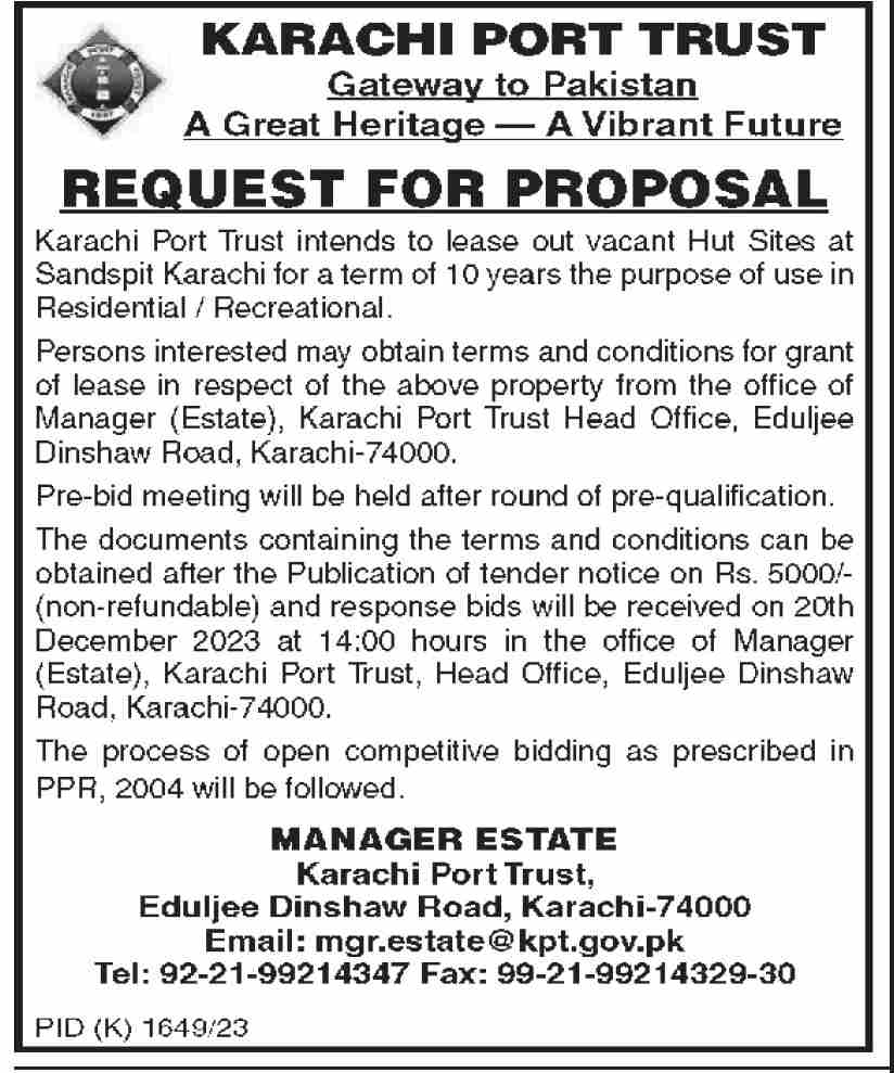 Tender for Leasing Services at Karachi Port Trust 2024