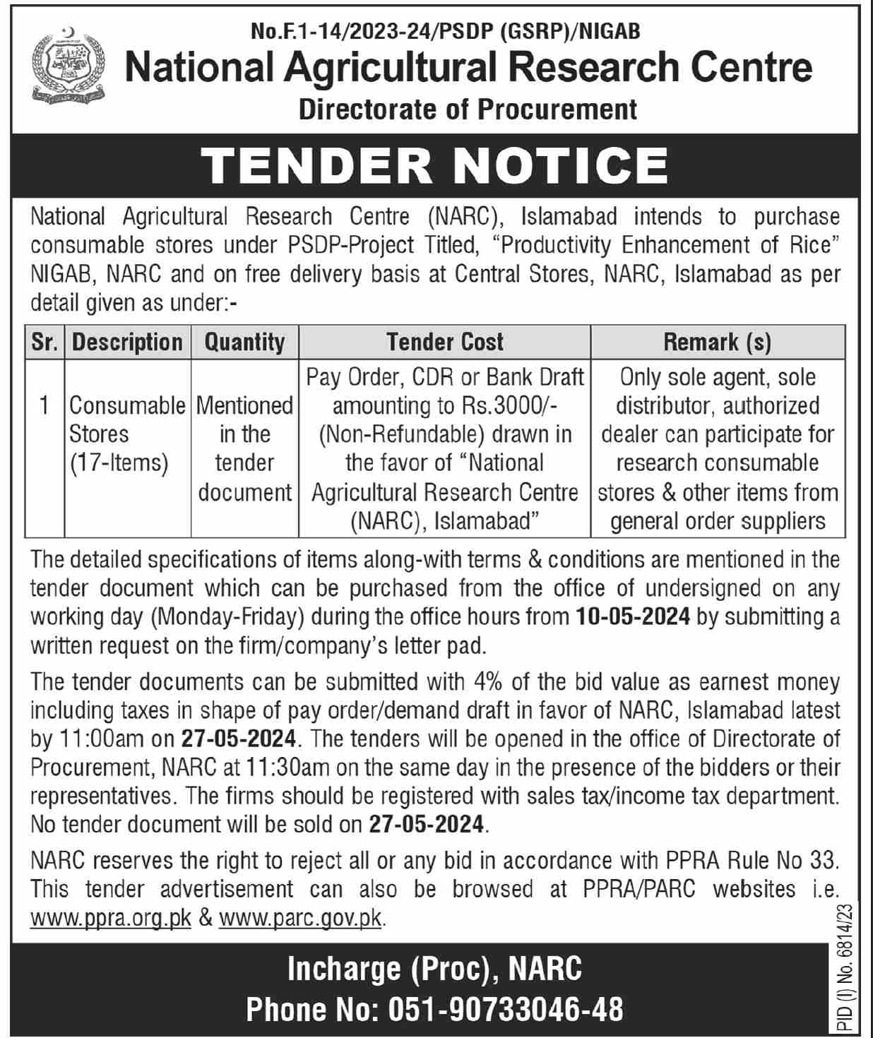 Tender for Procurement of Items at National Agricultural Research